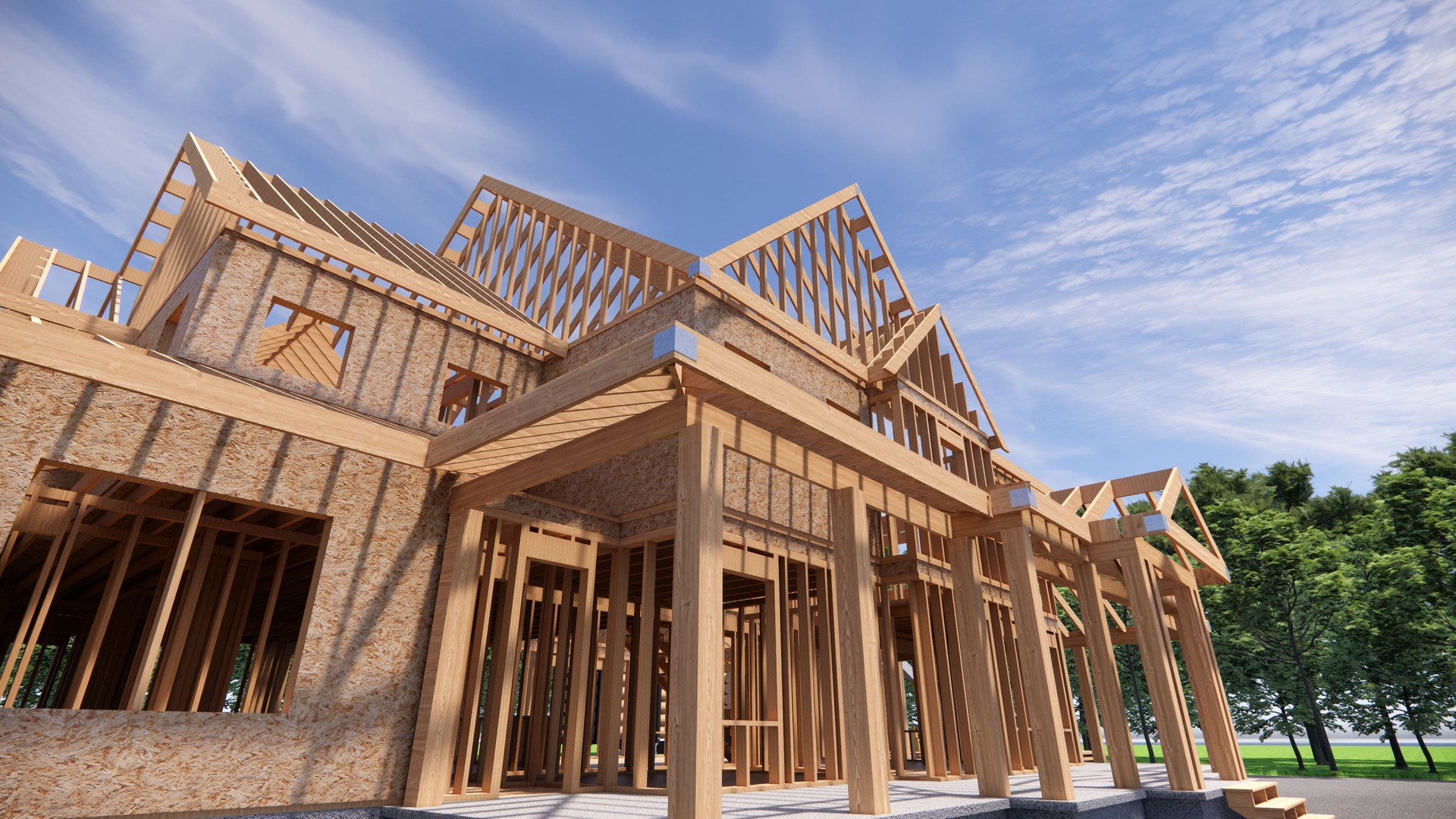 3D rendering wooden house .Construction Crew Putting Up Framing of New Home.Architectural model on home construction site.