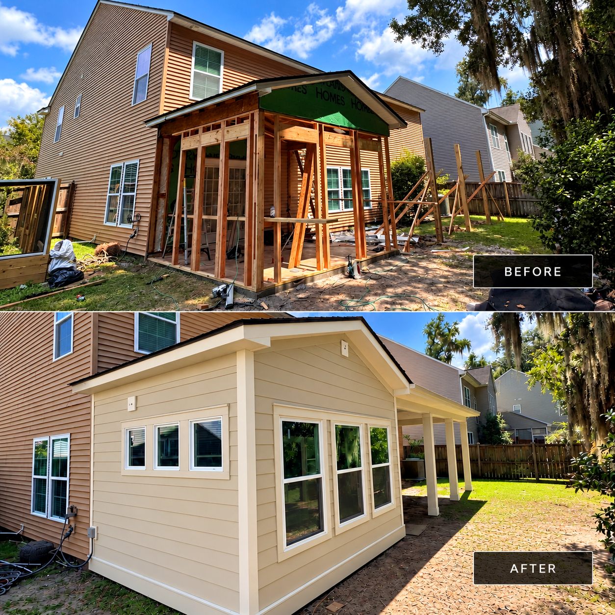 Residential addition before and after — from open framing to finished exterior with siding and trim