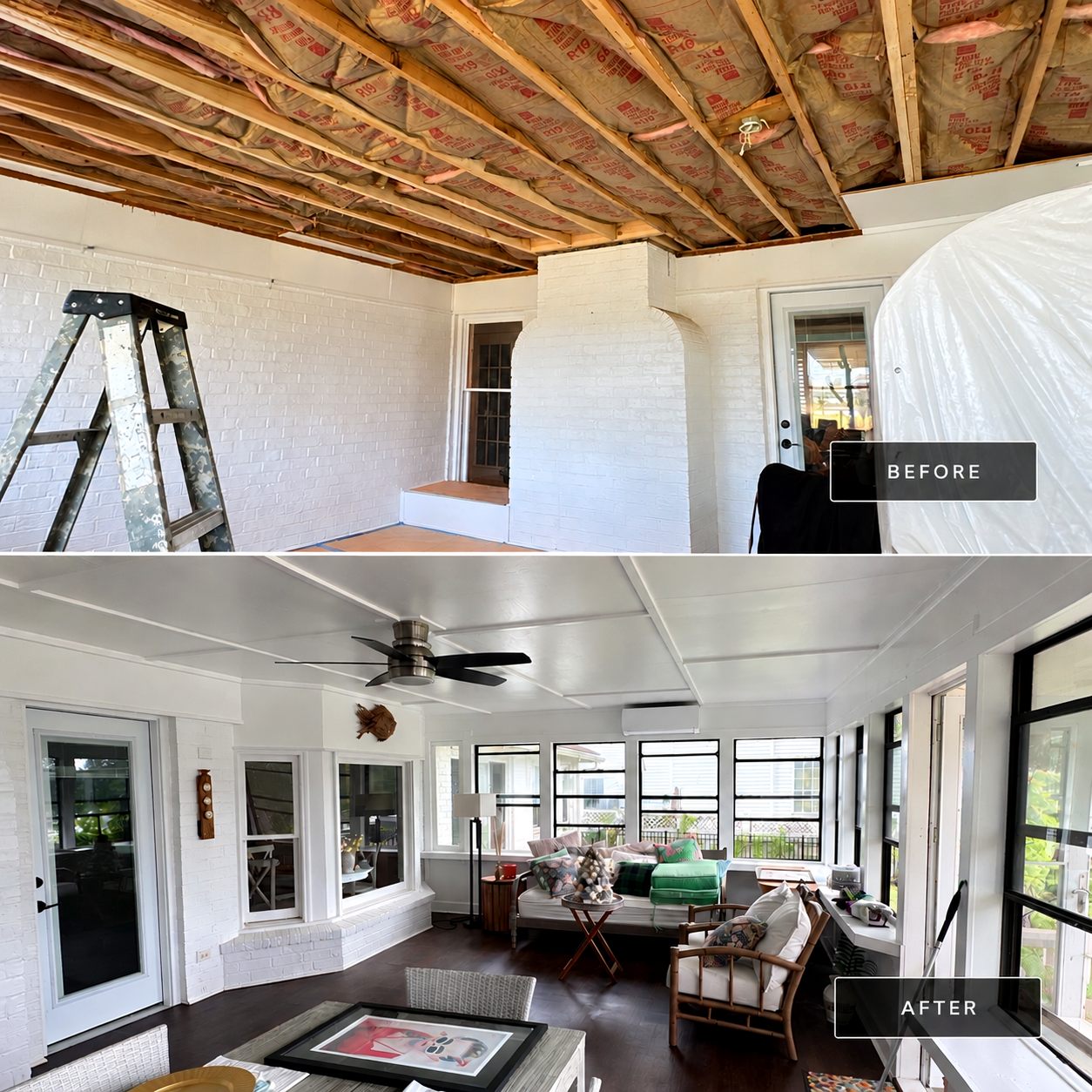 Interior ceiling termite damage before and after — opened to the joists, repaired, and rebuilt as a finished paneled ceiling