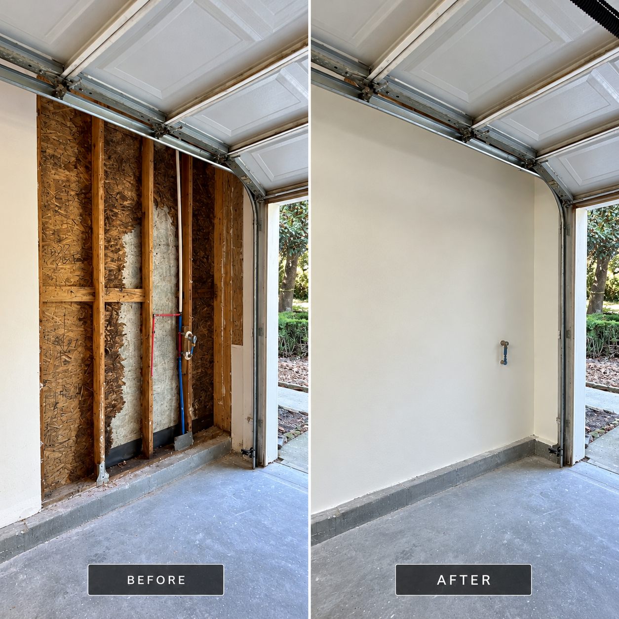 Garage wall termite damage before and after — damaged framing rebuilt into a finished painted wall